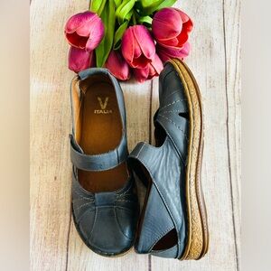 V-Italia 1705 Genova Women’s Blue Leather Cork Platform Mary Jane Shoes Size 42